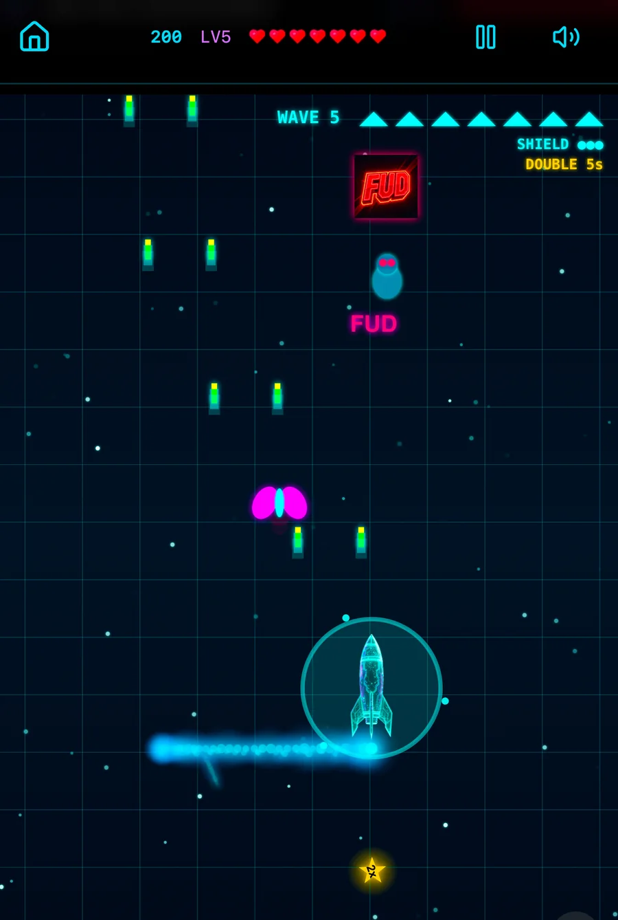 Retro Defender gameplay — wave 5 against the FUD